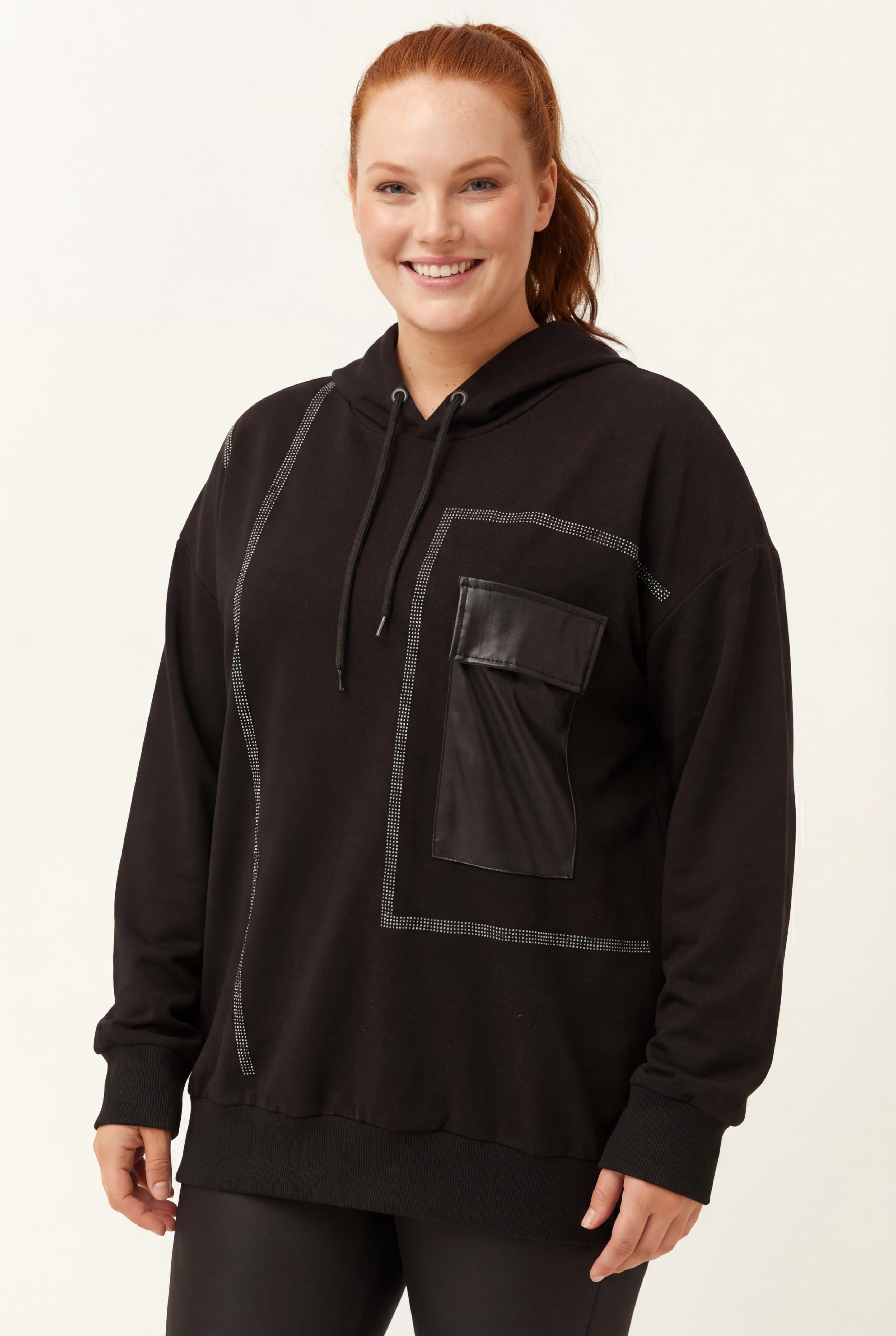 Kadın Büyük Beden Deri Cep Detaylı Taş İşlemeli Siyah Sweatshirt