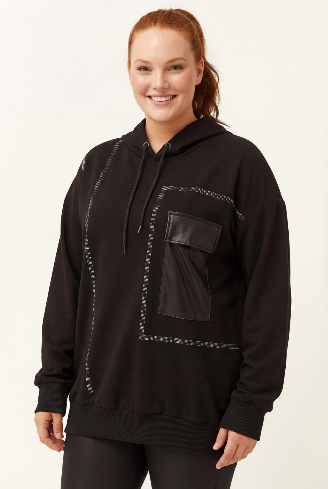 Kadın Büyük Beden Deri Cep Detaylı Taş İşlemeli Siyah Sweatshirt