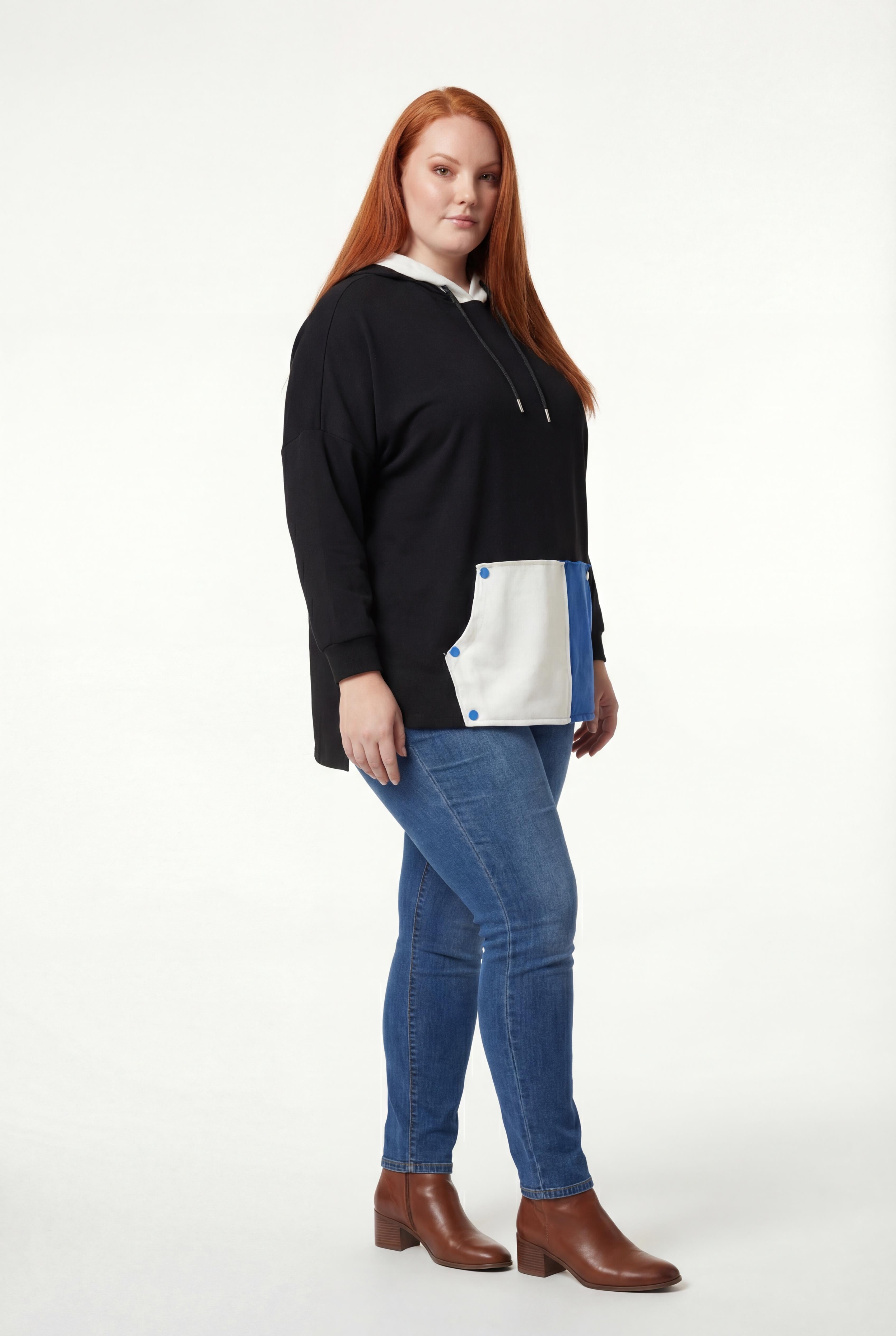 Kadın Büyük Beden Ekstra Rahat Kalıp Renkli Kanguru Cepli Siyah Sweatshirt
