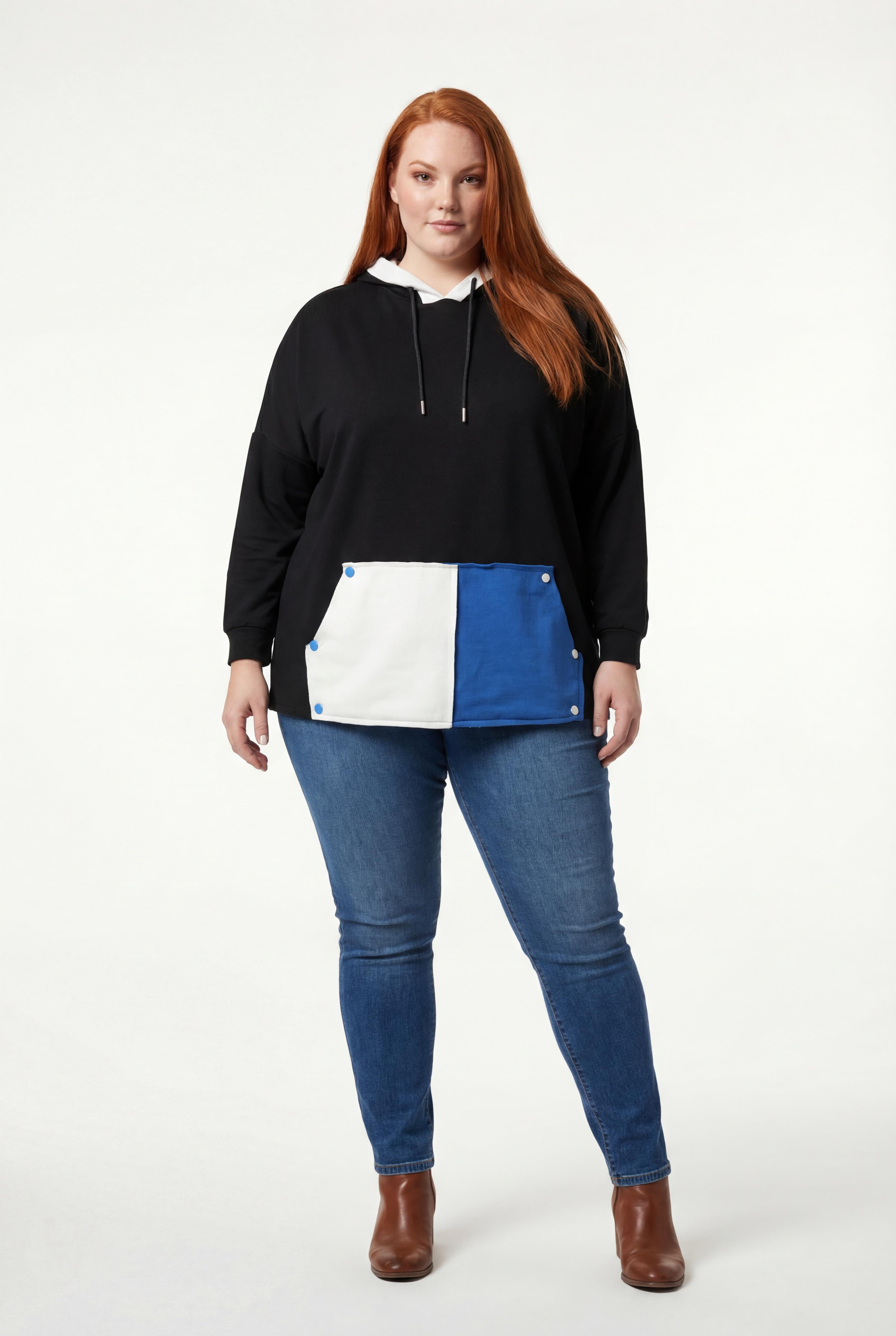 Kadın Büyük Beden Ekstra Rahat Kalıp Renkli Kanguru Cepli Siyah Sweatshirt