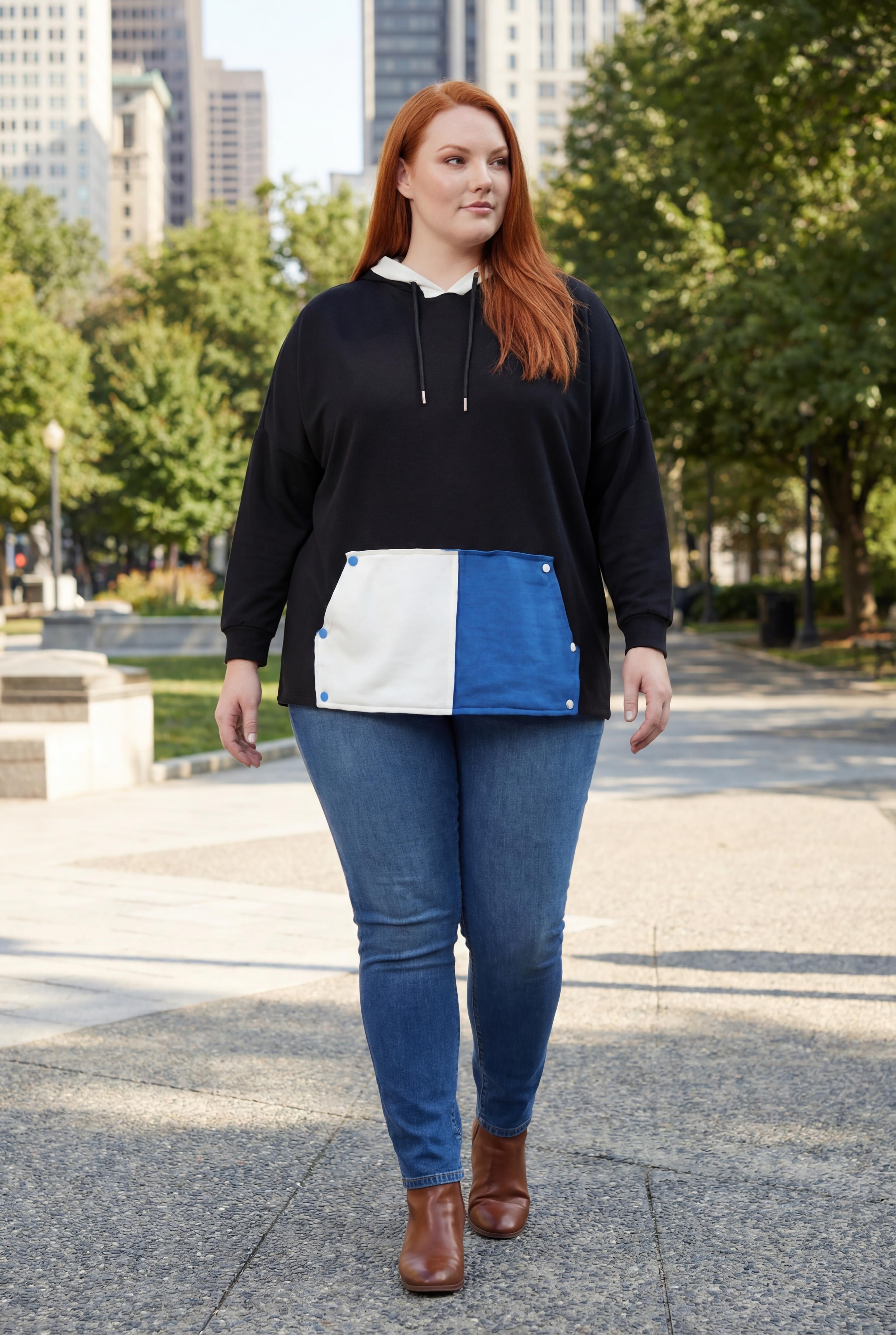 Kadın Büyük Beden Ekstra Rahat Kalıp Renkli Kanguru Cepli Siyah Sweatshirt