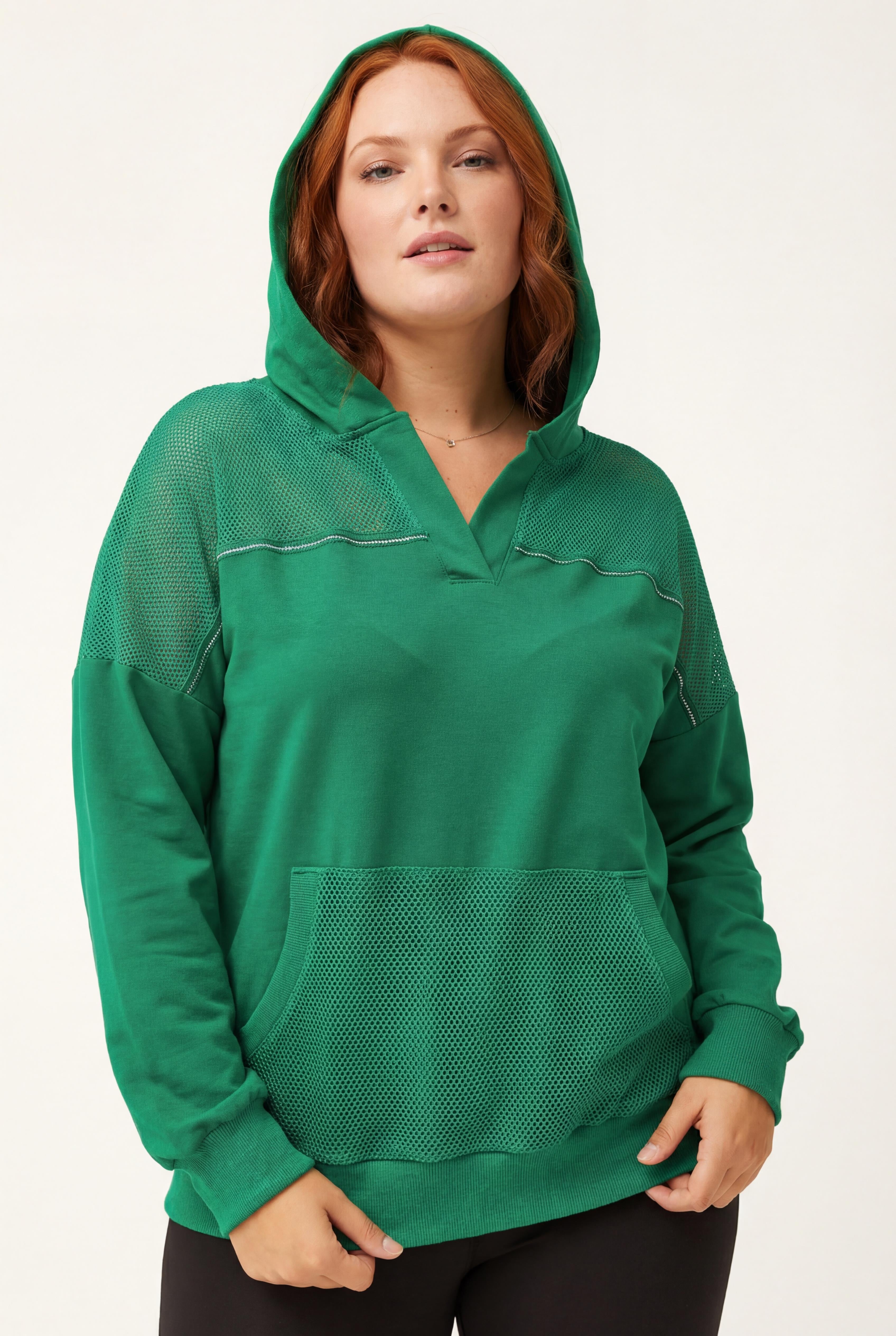 Kadın Büyük Beden File Detaylı Kapüşonlu Yeşil Sweatshirt