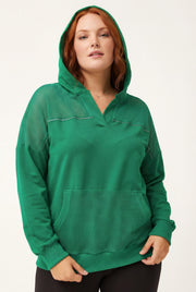 Kadın Büyük Beden File Detaylı Kapüşonlu Yeşil Sweatshirt