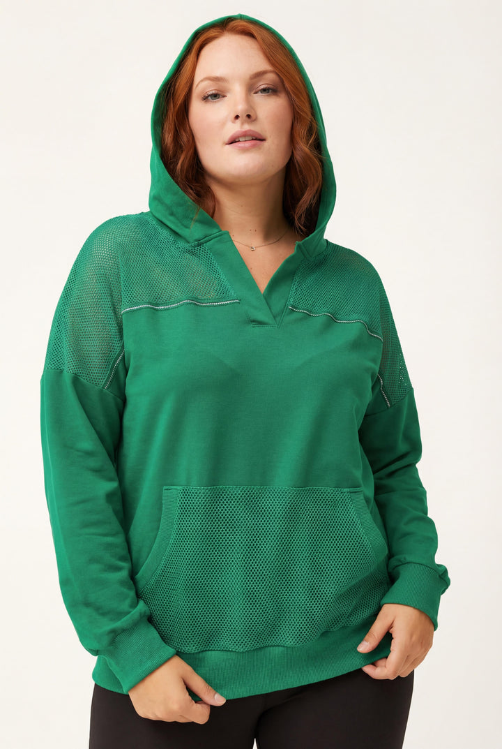 Kadın Büyük Beden File Detaylı Kapüşonlu Yeşil Sweatshirt