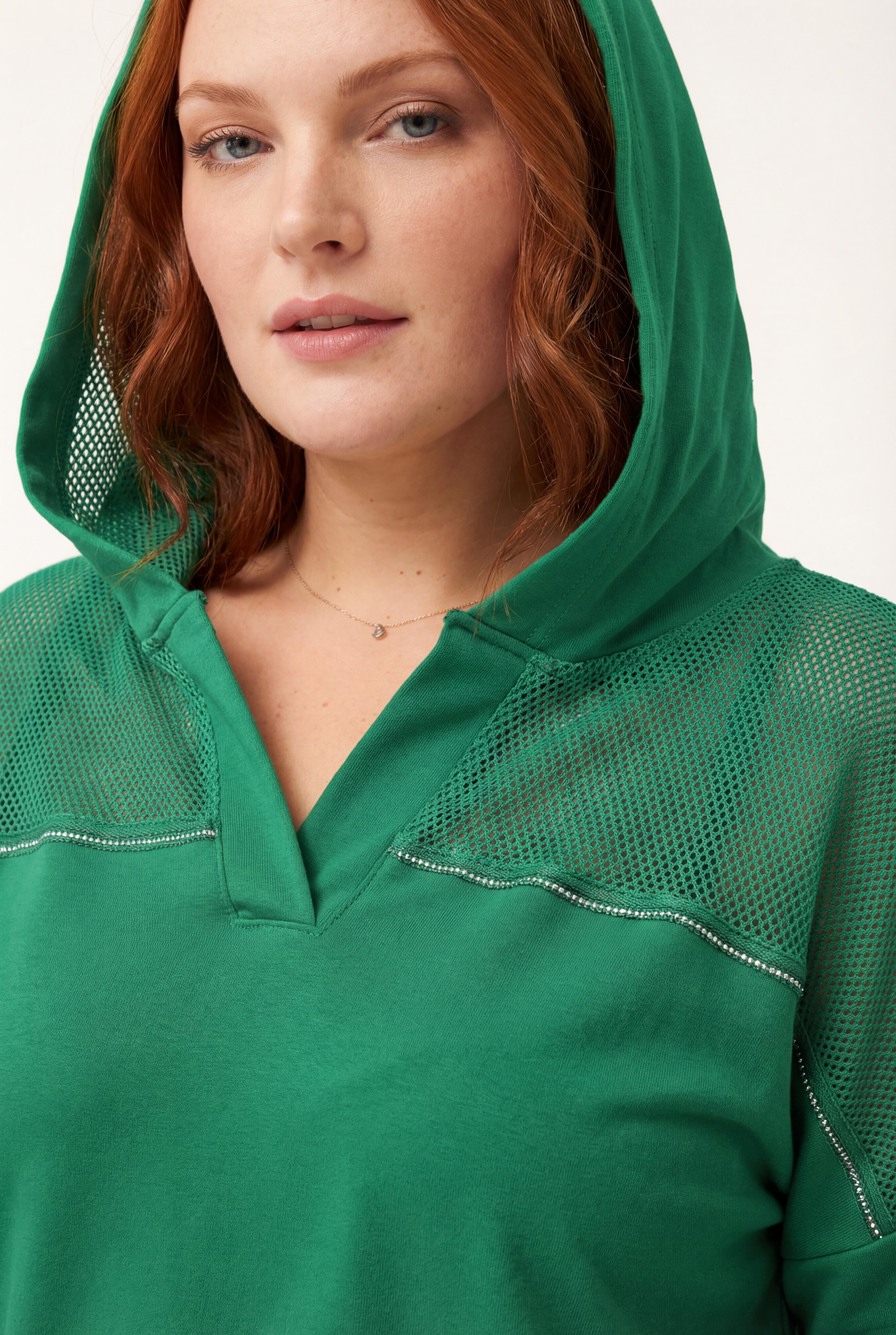 Kadın Büyük Beden File Detaylı Kapüşonlu Yeşil Sweatshirt
