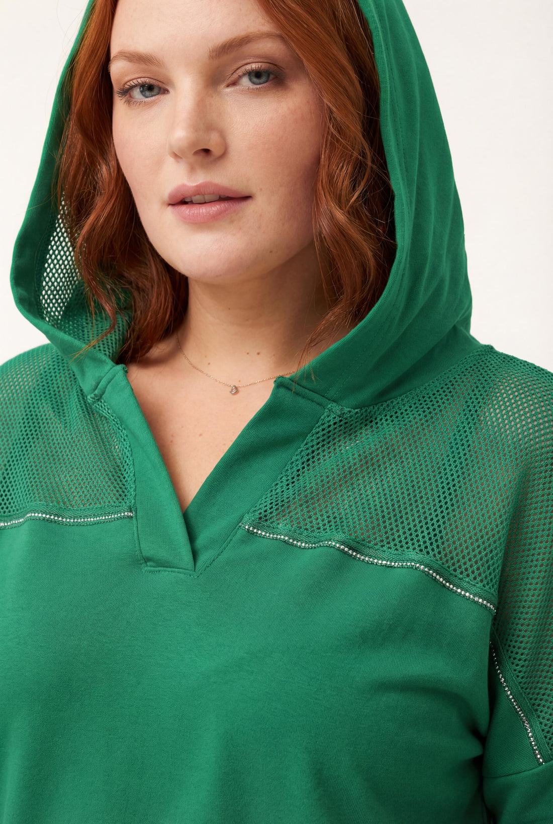 Kadın Büyük Beden File Detaylı Kapüşonlu Yeşil Sweatshirt