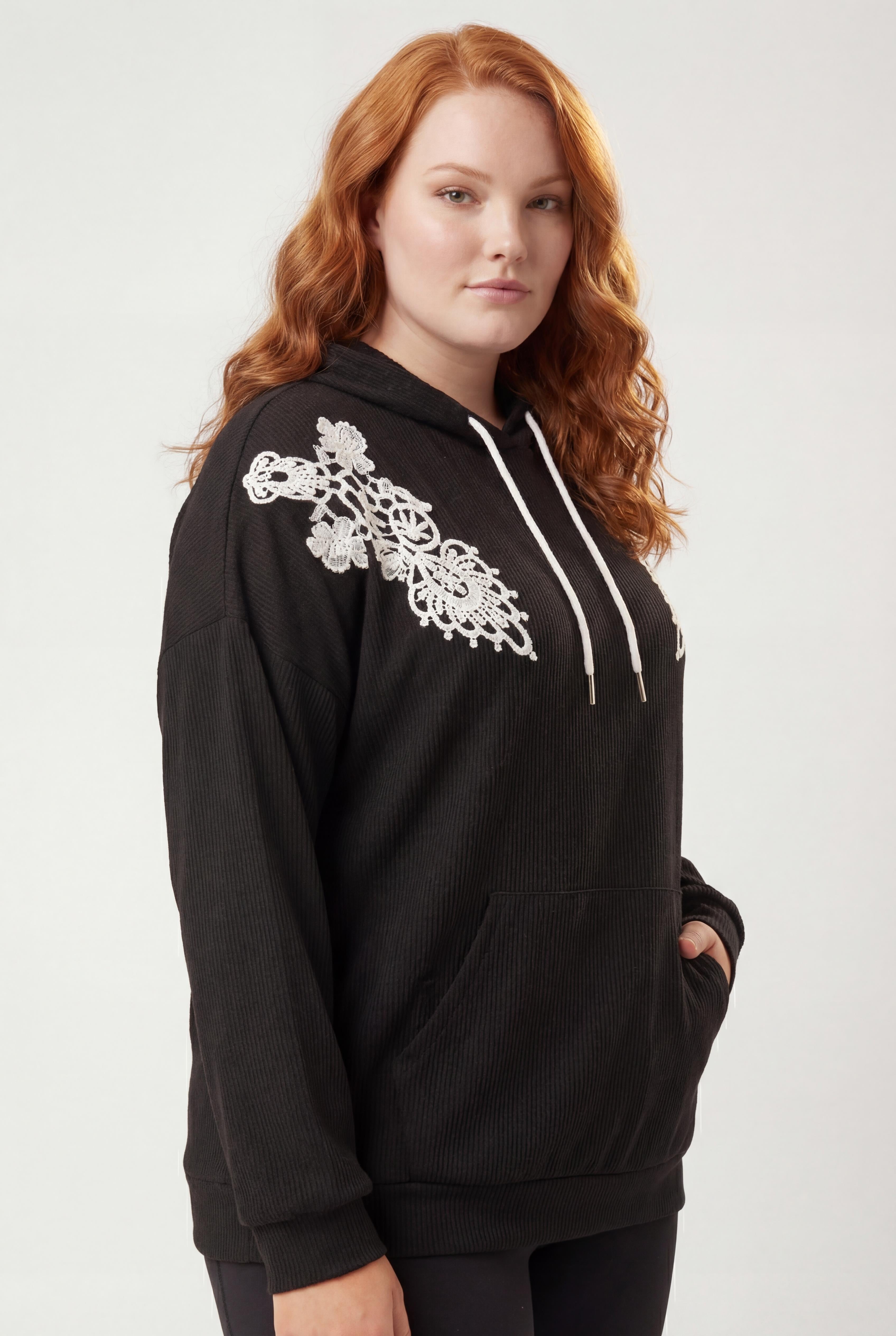 Kadın Büyük Beden Fitilli Örme Dantel Detaylı Siyah Sweatshirt