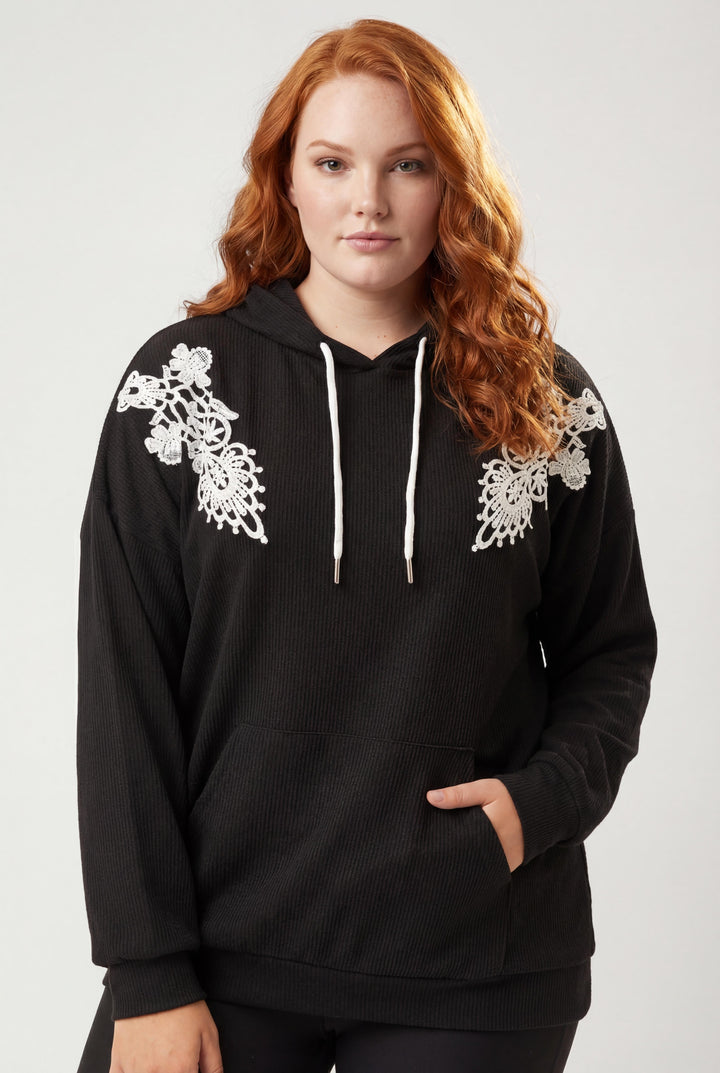 Kadın Büyük Beden Fitilli Örme Dantel Detaylı Siyah Sweatshirt