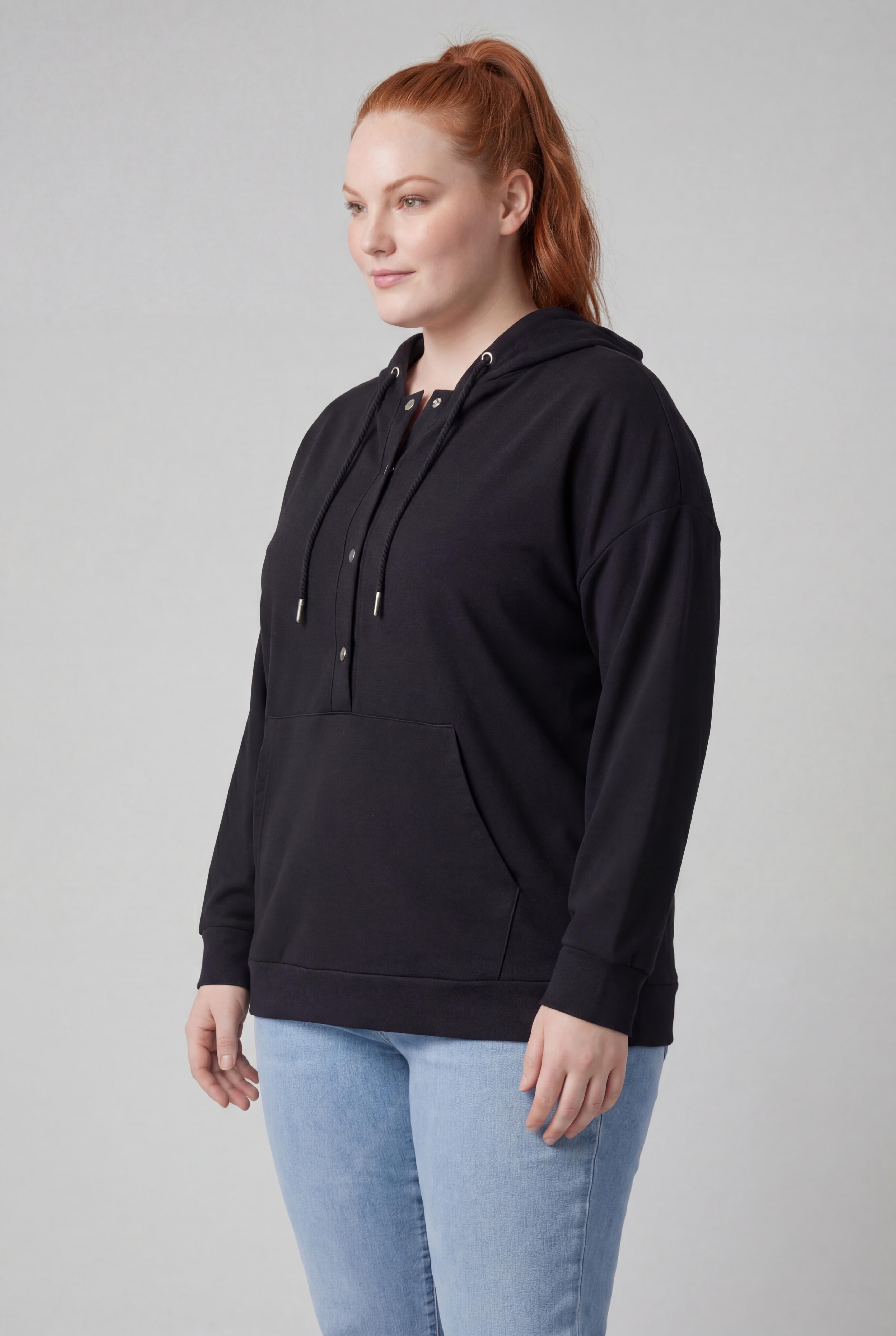 Kadın Büyük Beden Kanguru Cepli Basic Siyah Sweatshirt