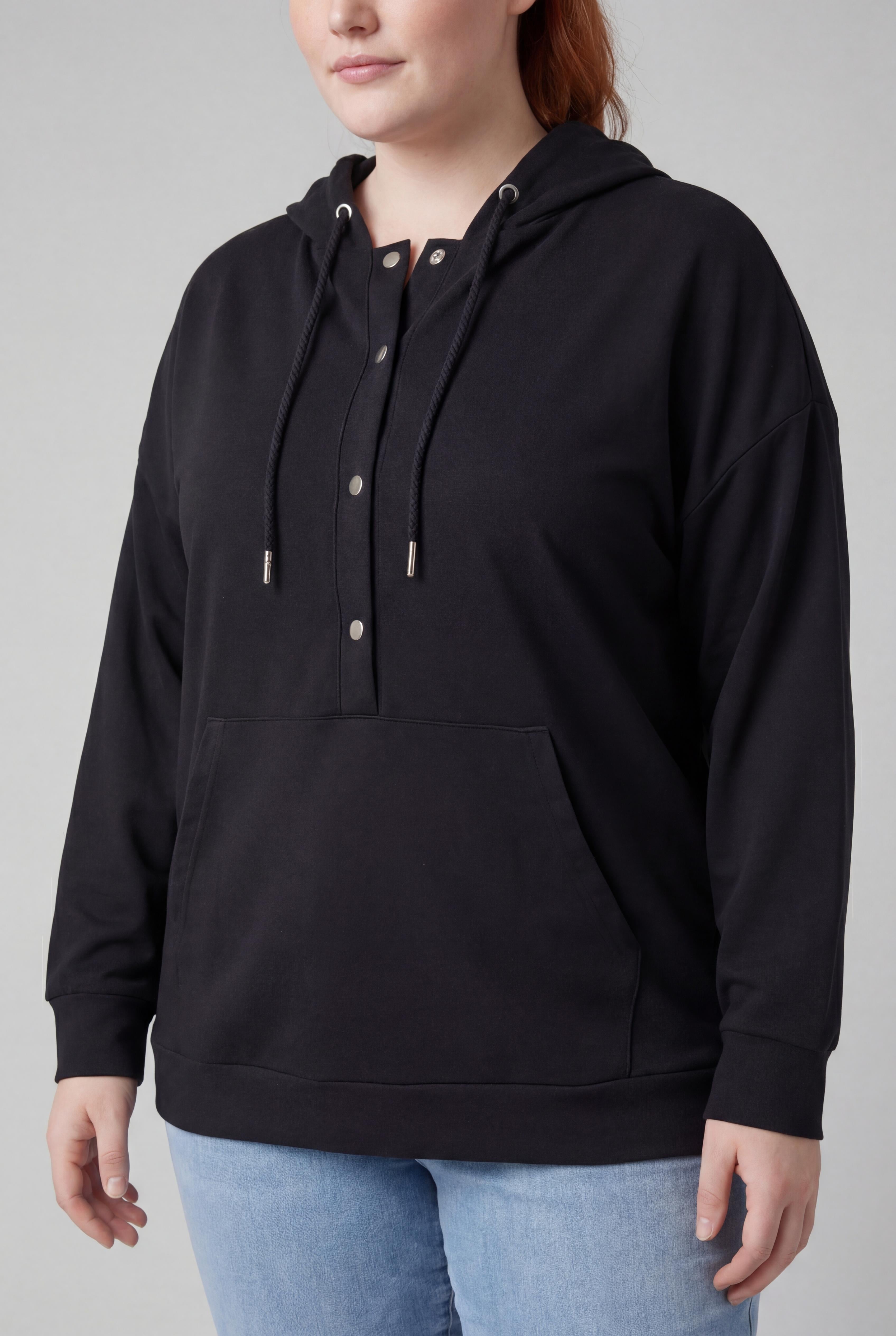 Kadın Büyük Beden Kanguru Cepli Basic Siyah Sweatshirt