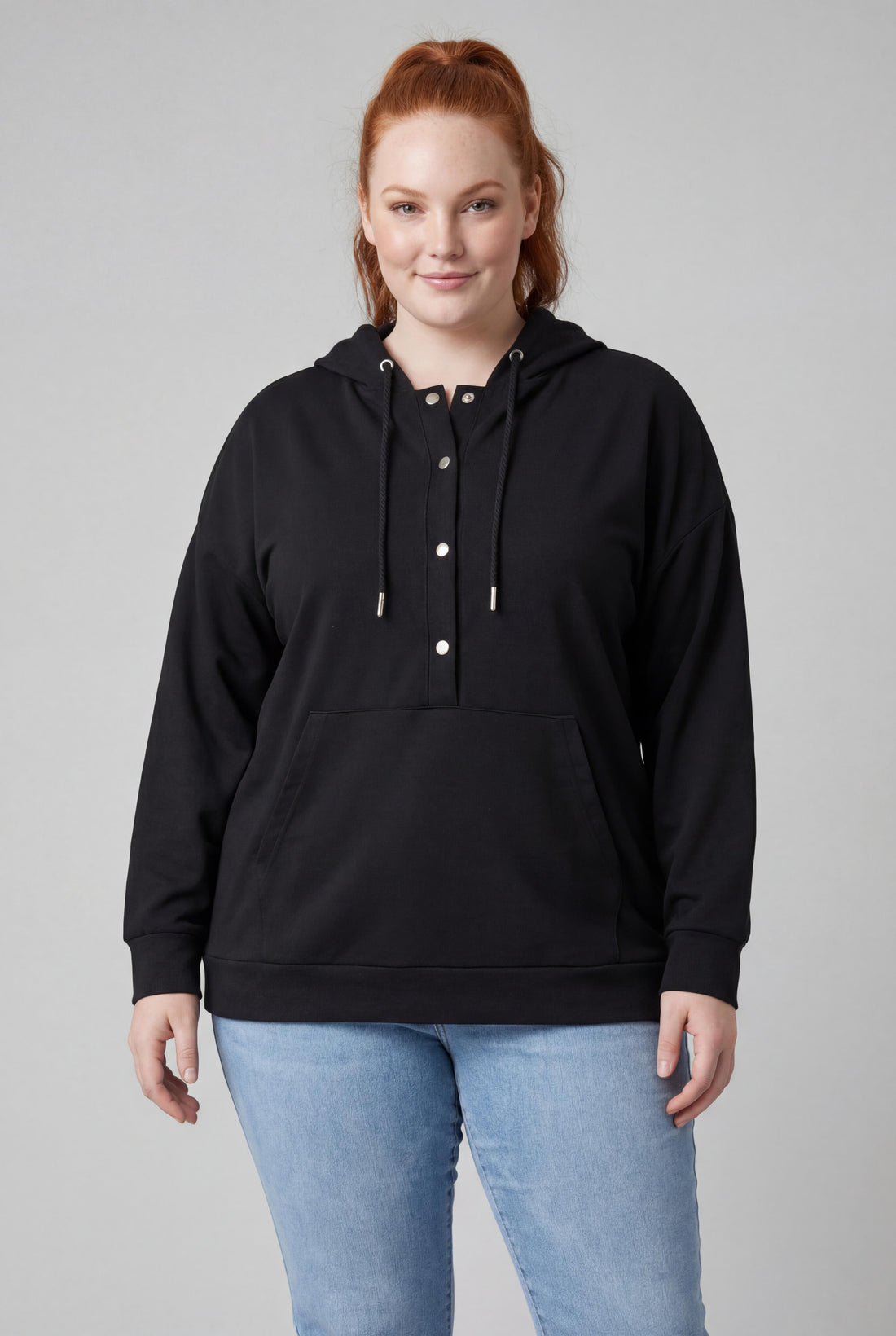 Kadın Büyük Beden Kanguru Cepli Basic Siyah Sweatshirt