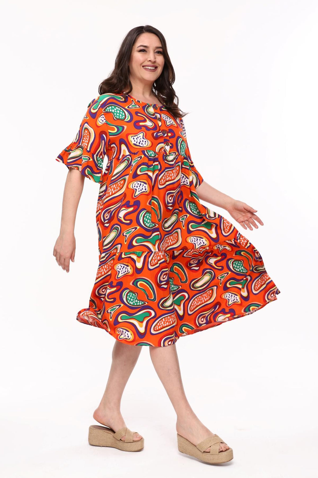 Kadın Büyük Beden Kolları Fırfırlı Baskılı Dokuma Turuncu Elbise