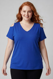 Kadın Büyük Beden Omuz Dekolteli V Yaka Viskon Mavi Tişört – Ön Arka V Yaka