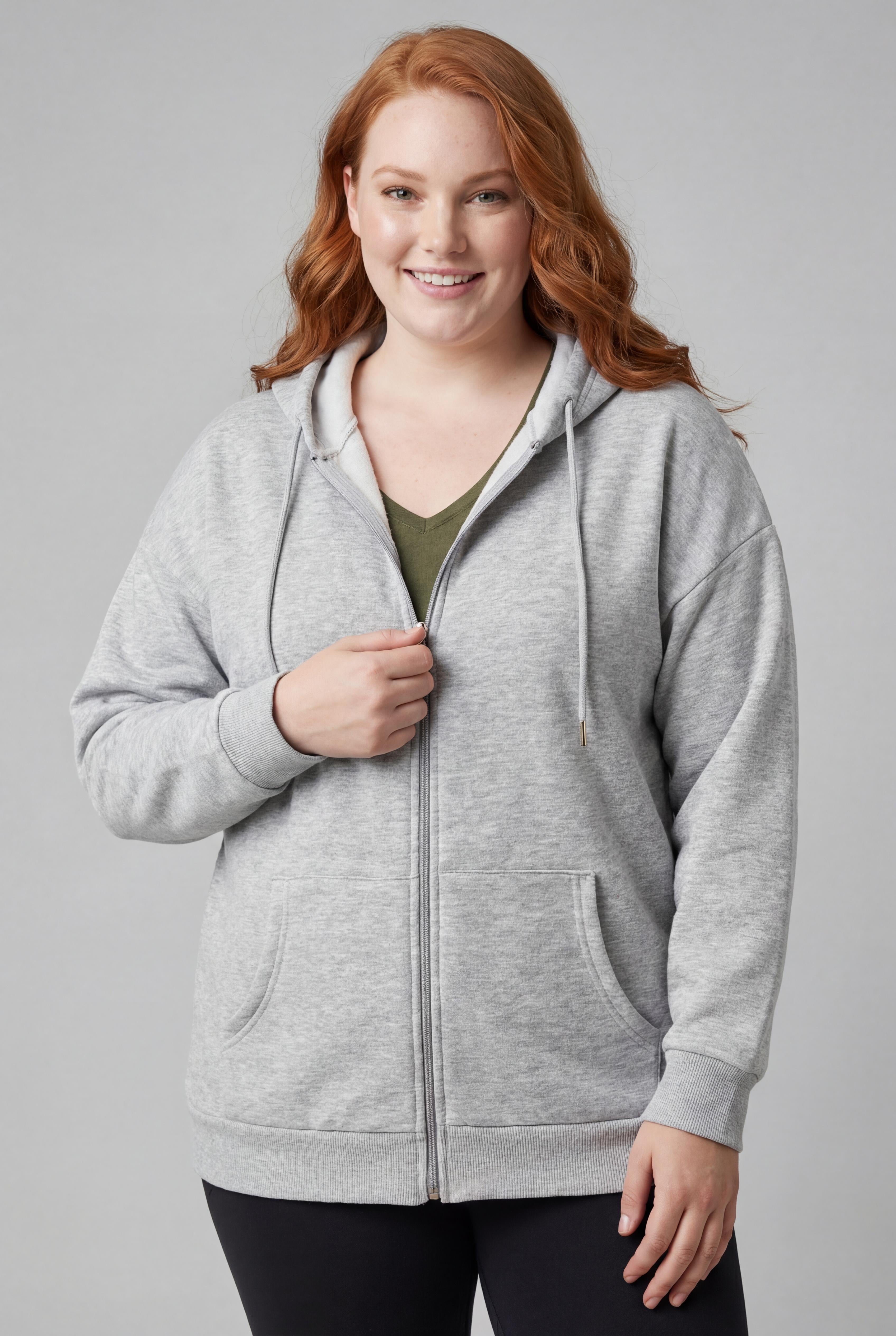 Kadın Büyük Beden Şardonlu Fermuarlı Kalın Gri Sweatshirt