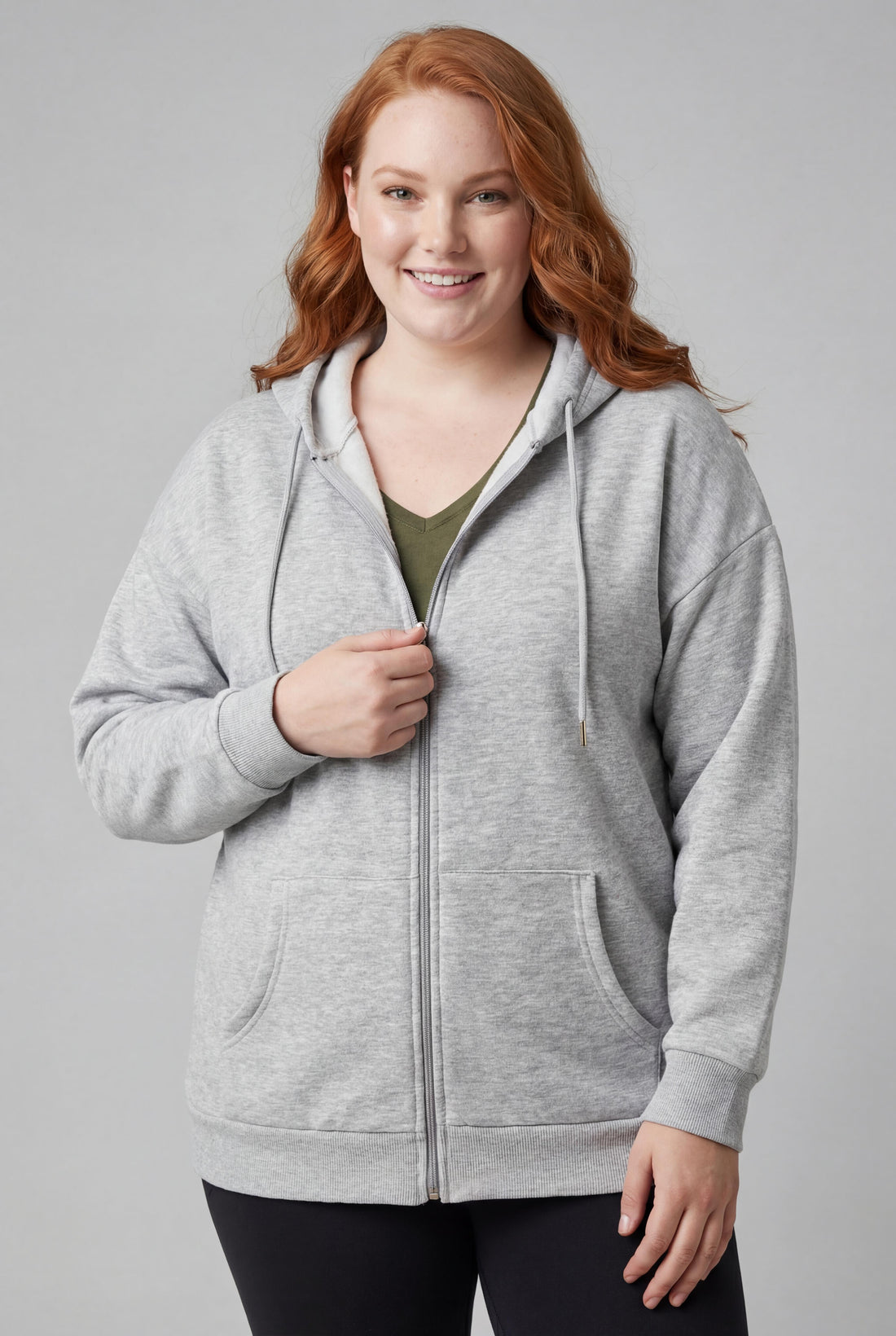 Kadın Büyük Beden Şardonlu Fermuarlı Kalın Gri Sweatshirt