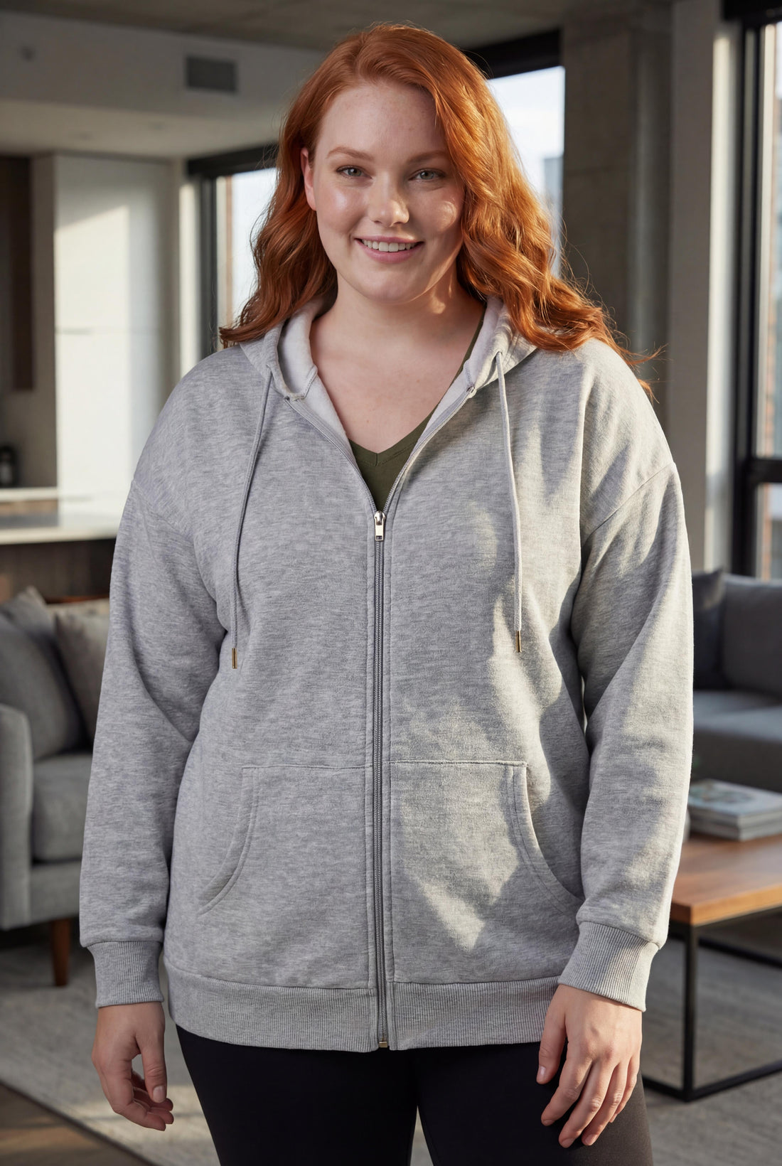 Kadın Büyük Beden Şardonlu Fermuarlı Kalın Gri Sweatshirt
