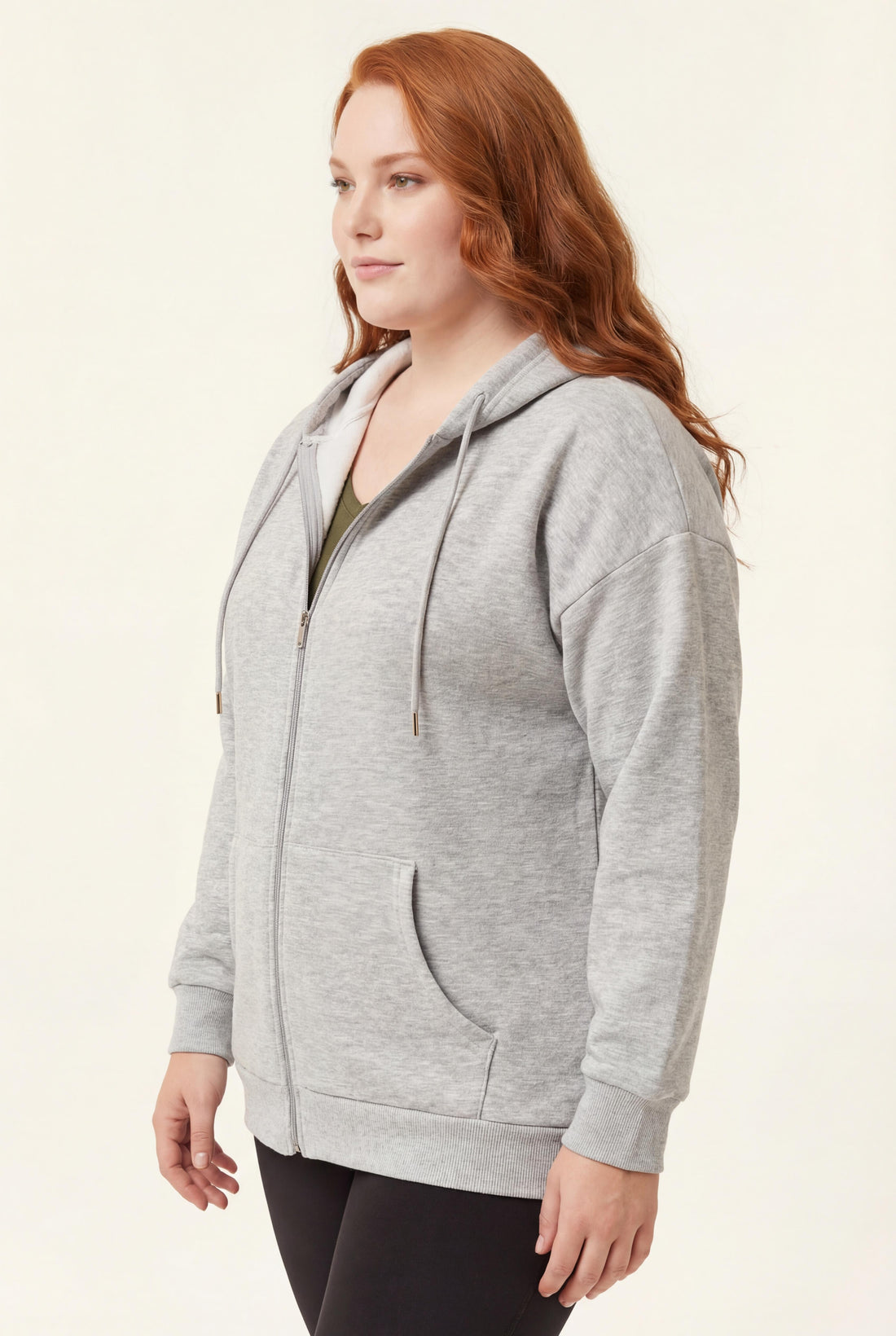Kadın Büyük Beden Şardonlu Fermuarlı Kalın Gri Sweatshirt