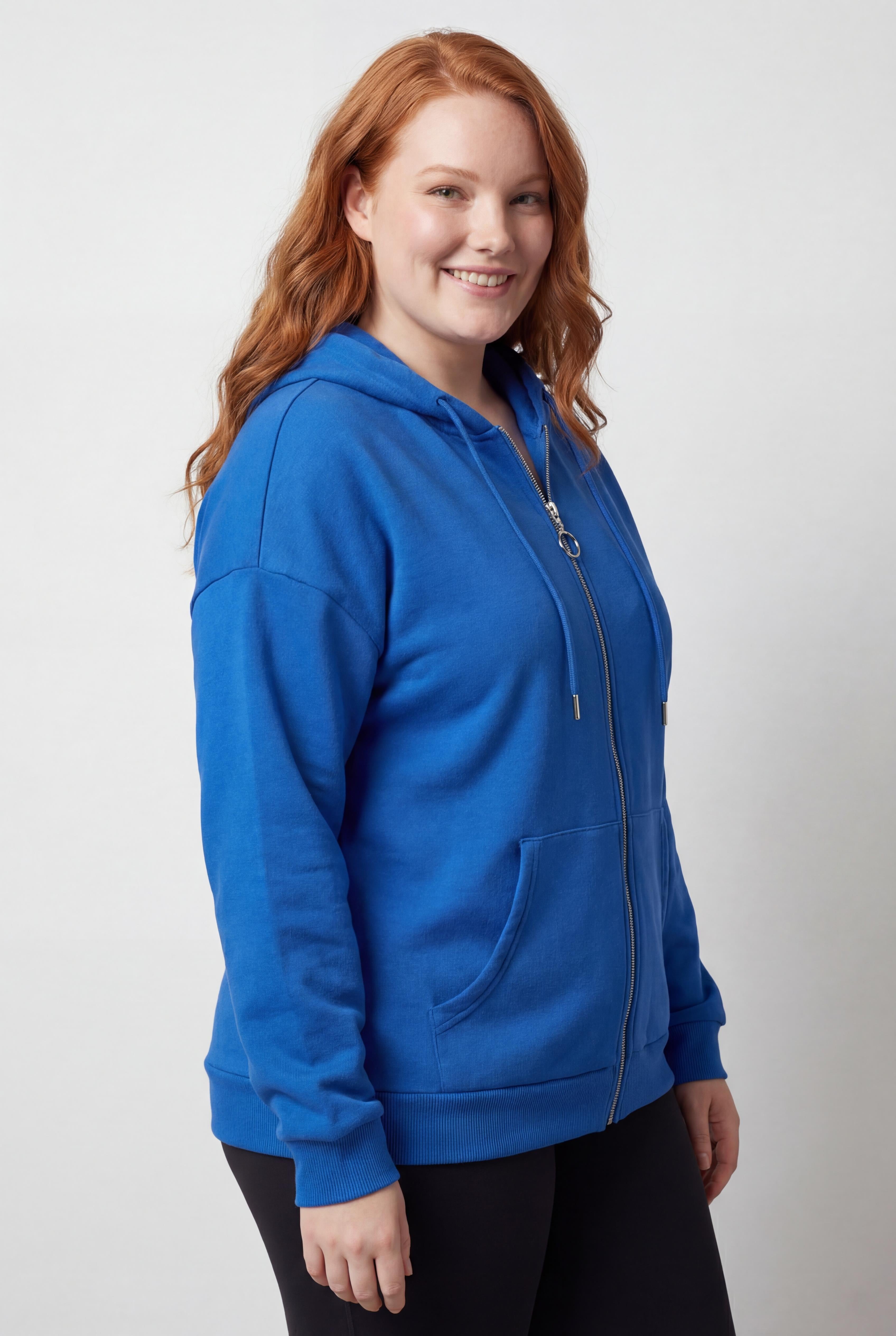 Kadın Büyük Beden Şardonlu Fermuarlı Kalın Mavi Sweatshirt