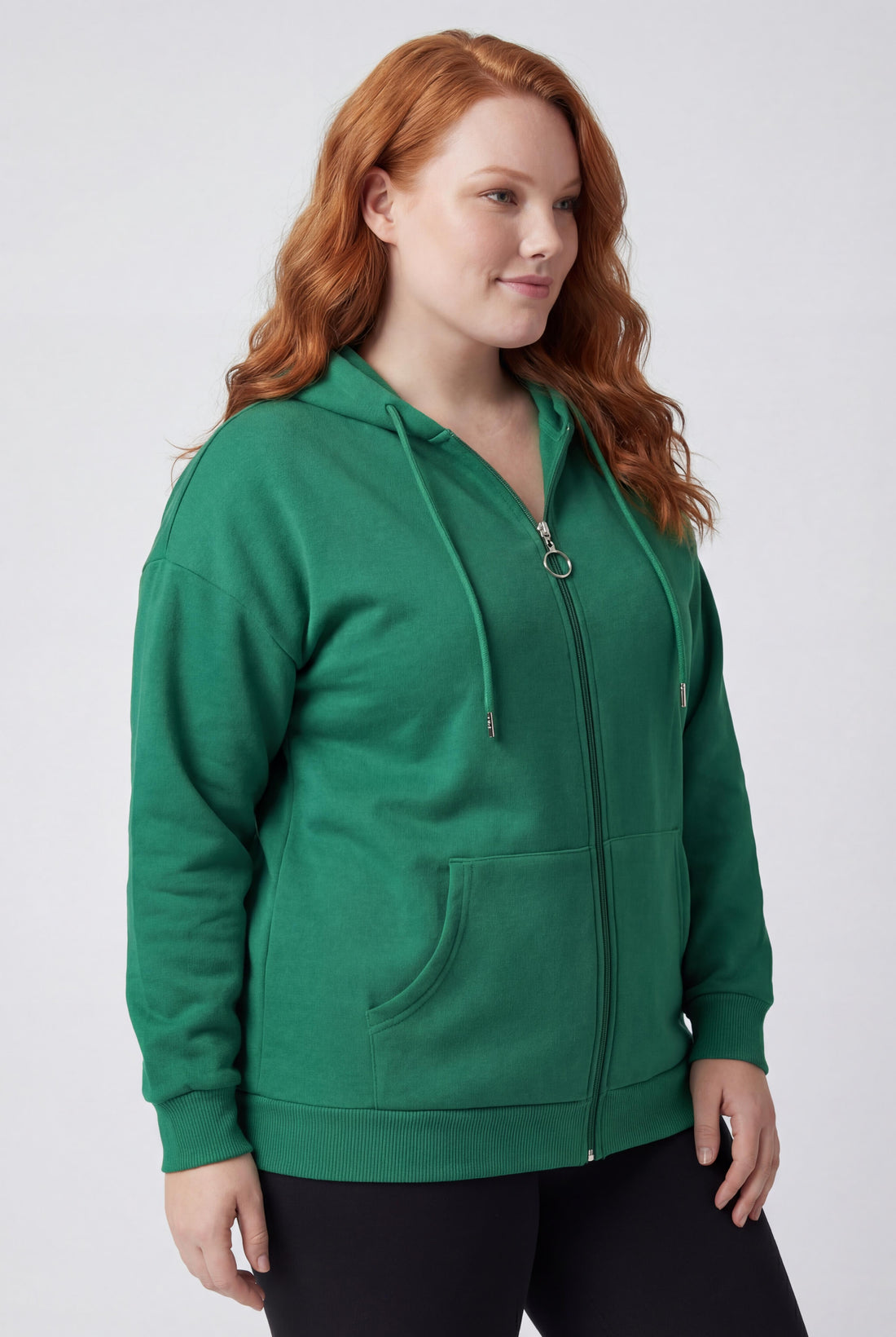 Kadın Büyük Beden Şardonlu Fermuarlı Kalın Yeşil Sweatshirt