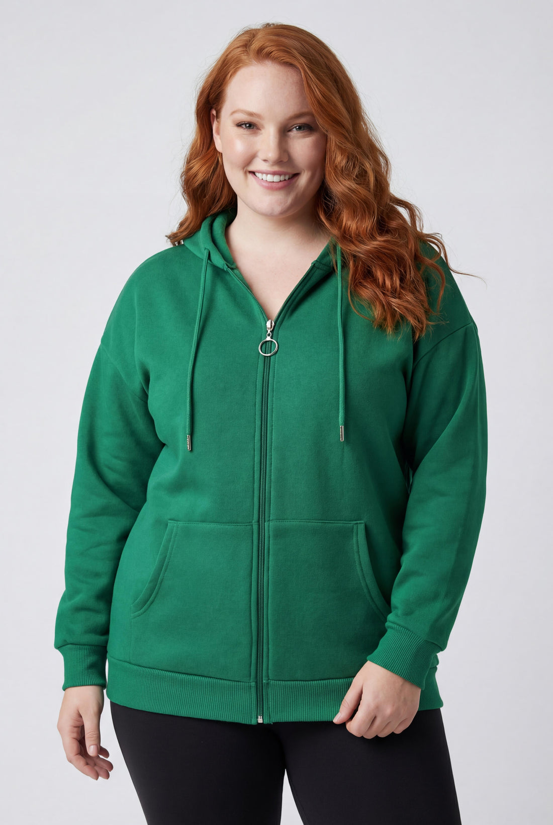 Kadın Büyük Beden Şardonlu Fermuarlı Kalın Yeşil Sweatshirt