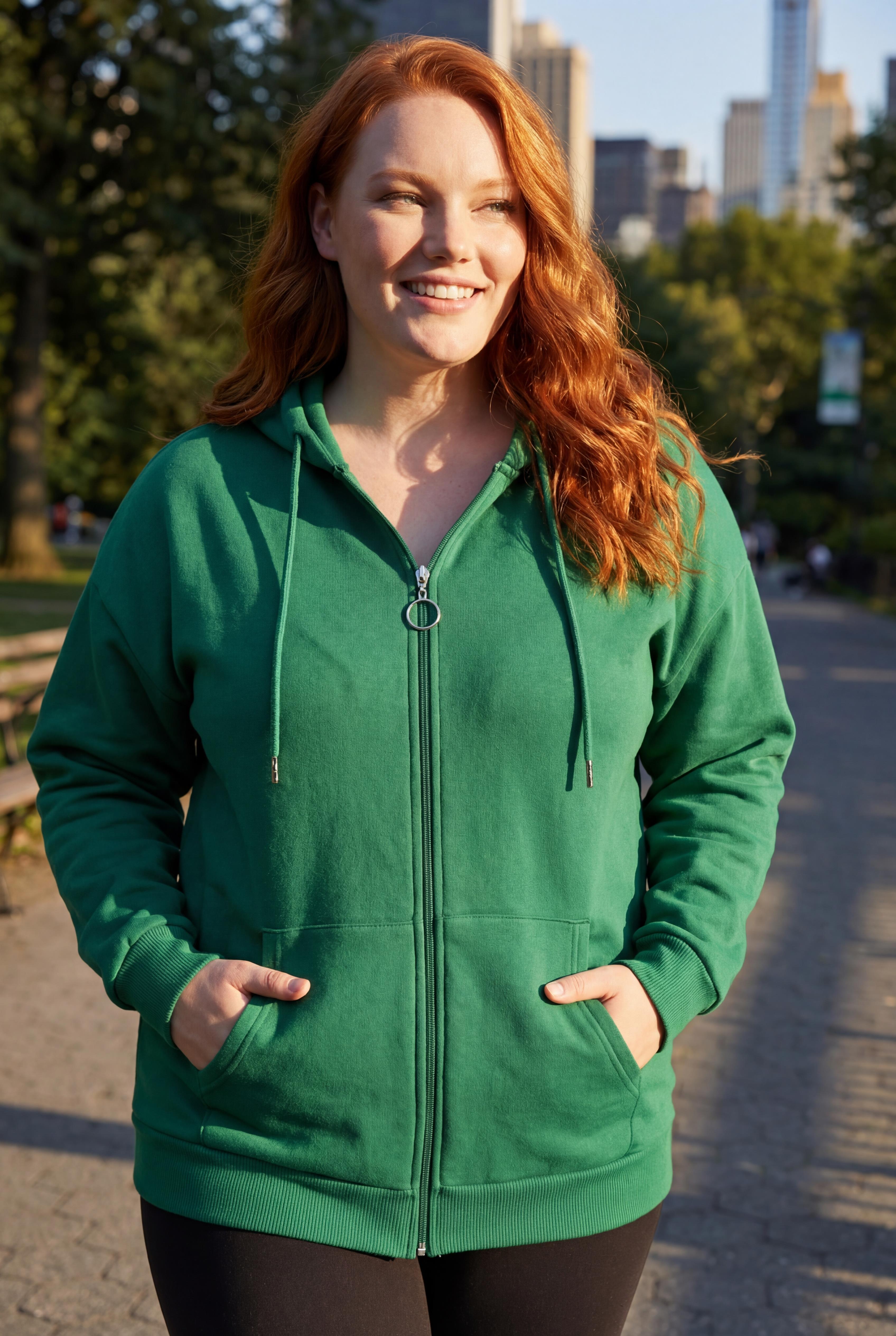 Kadın Büyük Beden Şardonlu Fermuarlı Kalın Yeşil Sweatshirt
