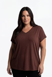 Kadın Büyük Beden V Yaka Basic Kısa Kollu Koyu Kahve T-Shirt, 9XL'e Kadar Beden Seçeneği