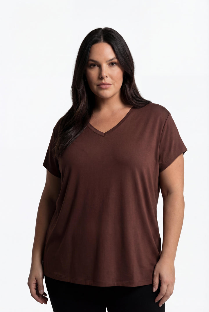 Kadın Büyük Beden V Yaka Basic Kısa Kollu Koyu Kahve T-Shirt, 9XL'e Kadar Beden Seçeneği