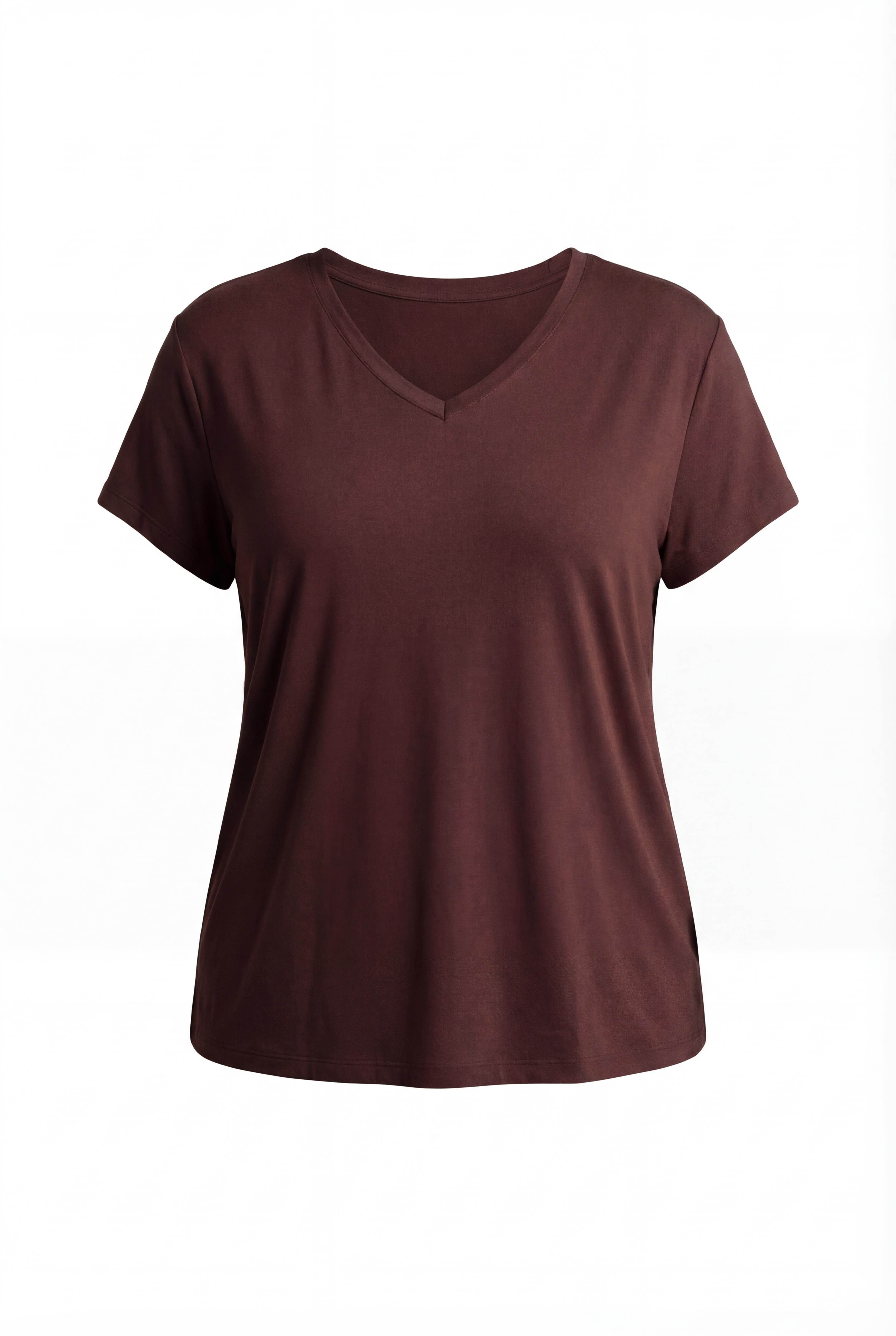 Kadın Büyük Beden V Yaka Basic Kısa Kollu Koyu Kahve T-Shirt, 9XL'e Kadar Beden Seçeneği