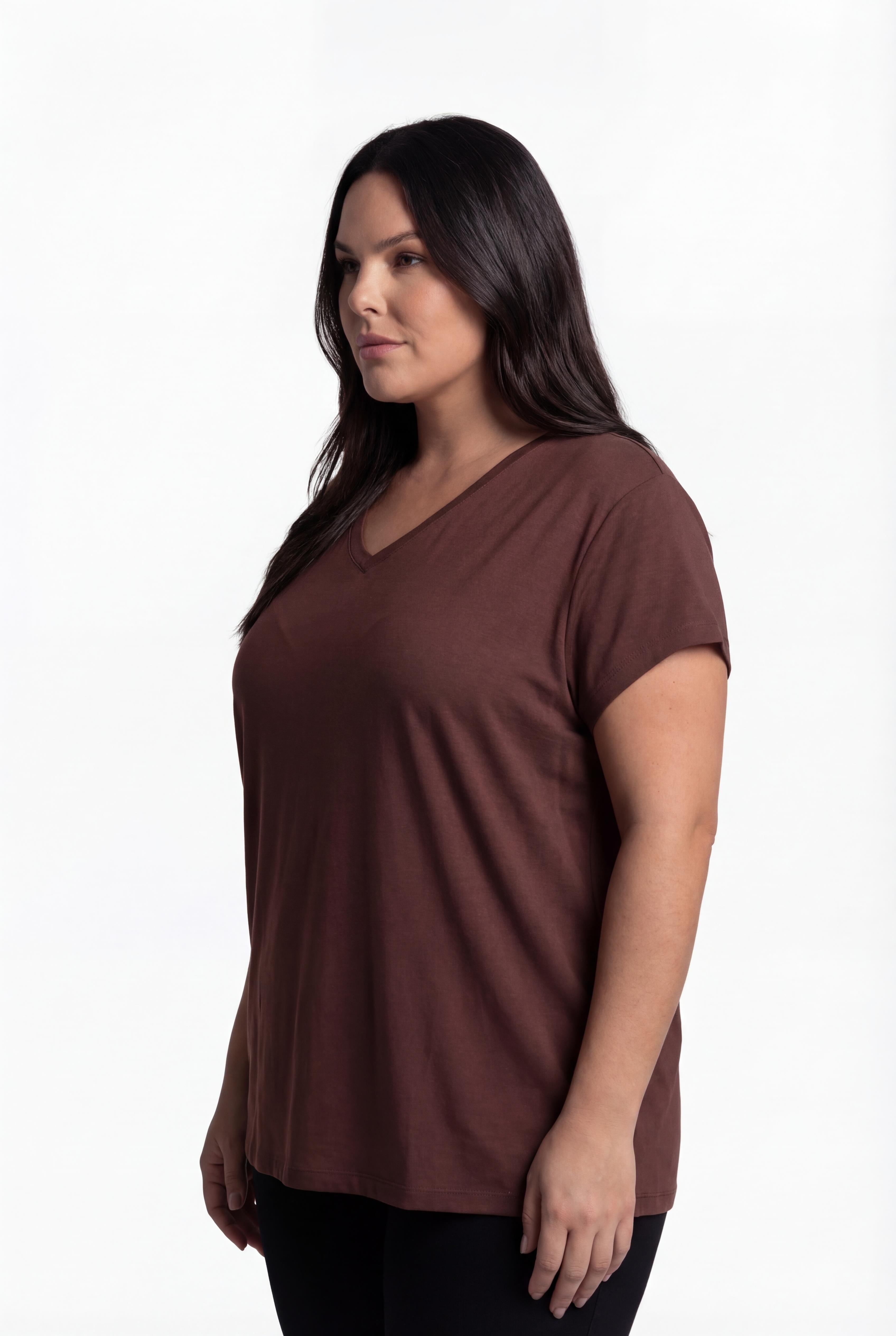 Kadın Büyük Beden V Yaka Basic Kısa Kollu Koyu Kahve T-Shirt, 9XL'e Kadar Beden Seçeneği