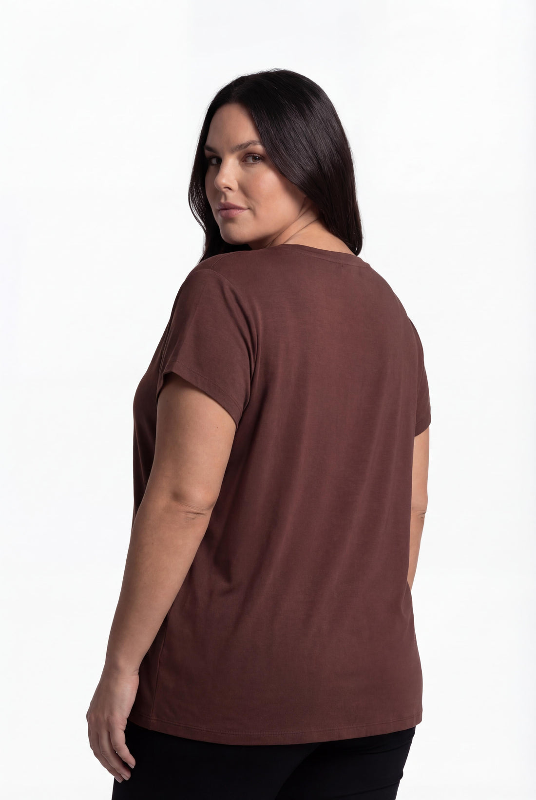 Kadın Büyük Beden V Yaka Basic Kısa Kollu Koyu Kahve T-Shirt, 9XL'e Kadar Beden Seçeneği