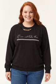 Kadın Büyük Beden Yaka Zincir Detaylı Yazılı Siyah Sweatshirt
