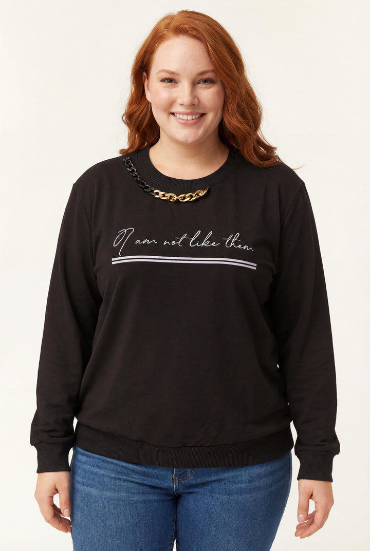 Kadın Büyük Beden Yaka Zincir Detaylı Yazılı Siyah Sweatshirt
