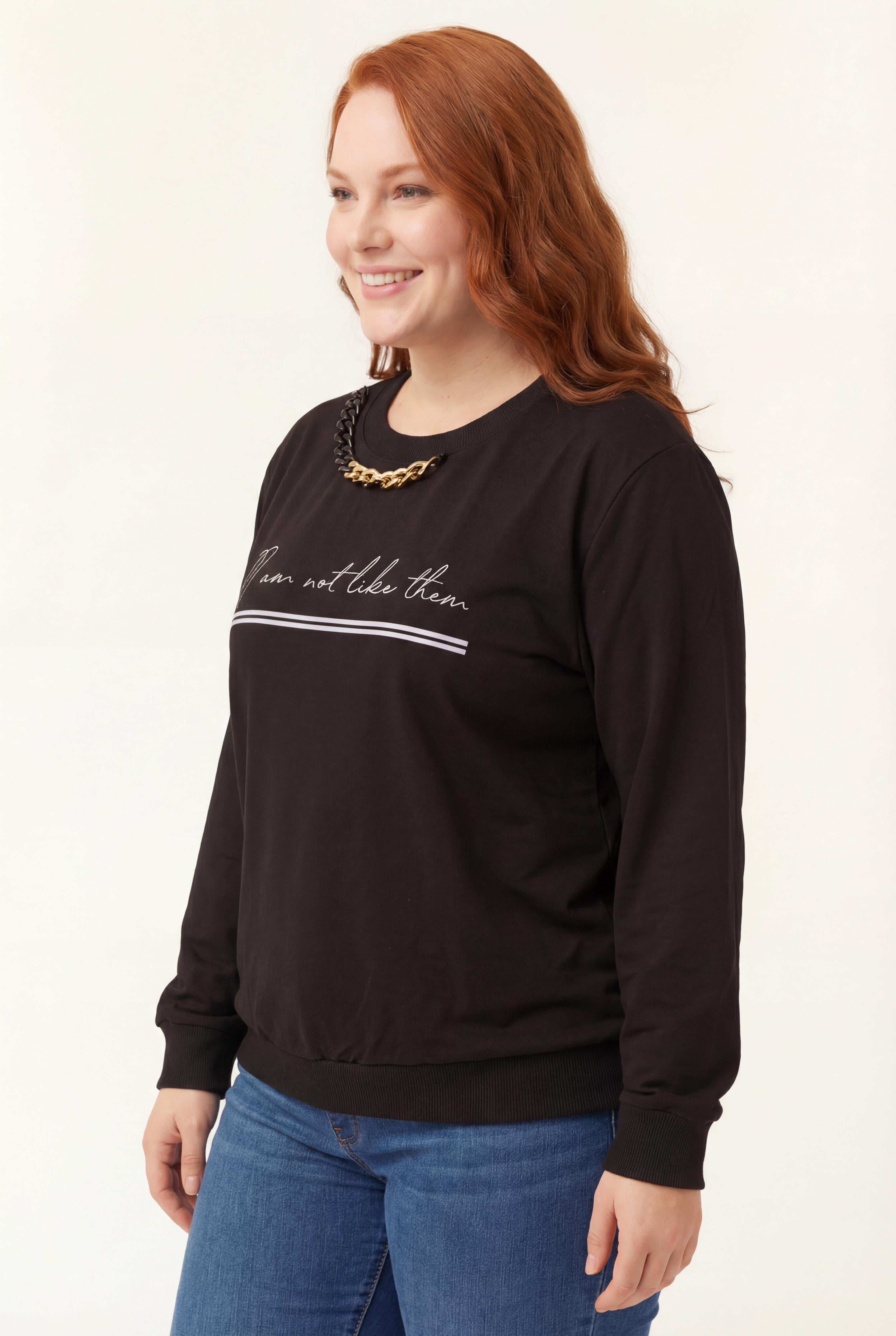 Kadın Büyük Beden Yaka Zincir Detaylı Yazılı Siyah Sweatshirt