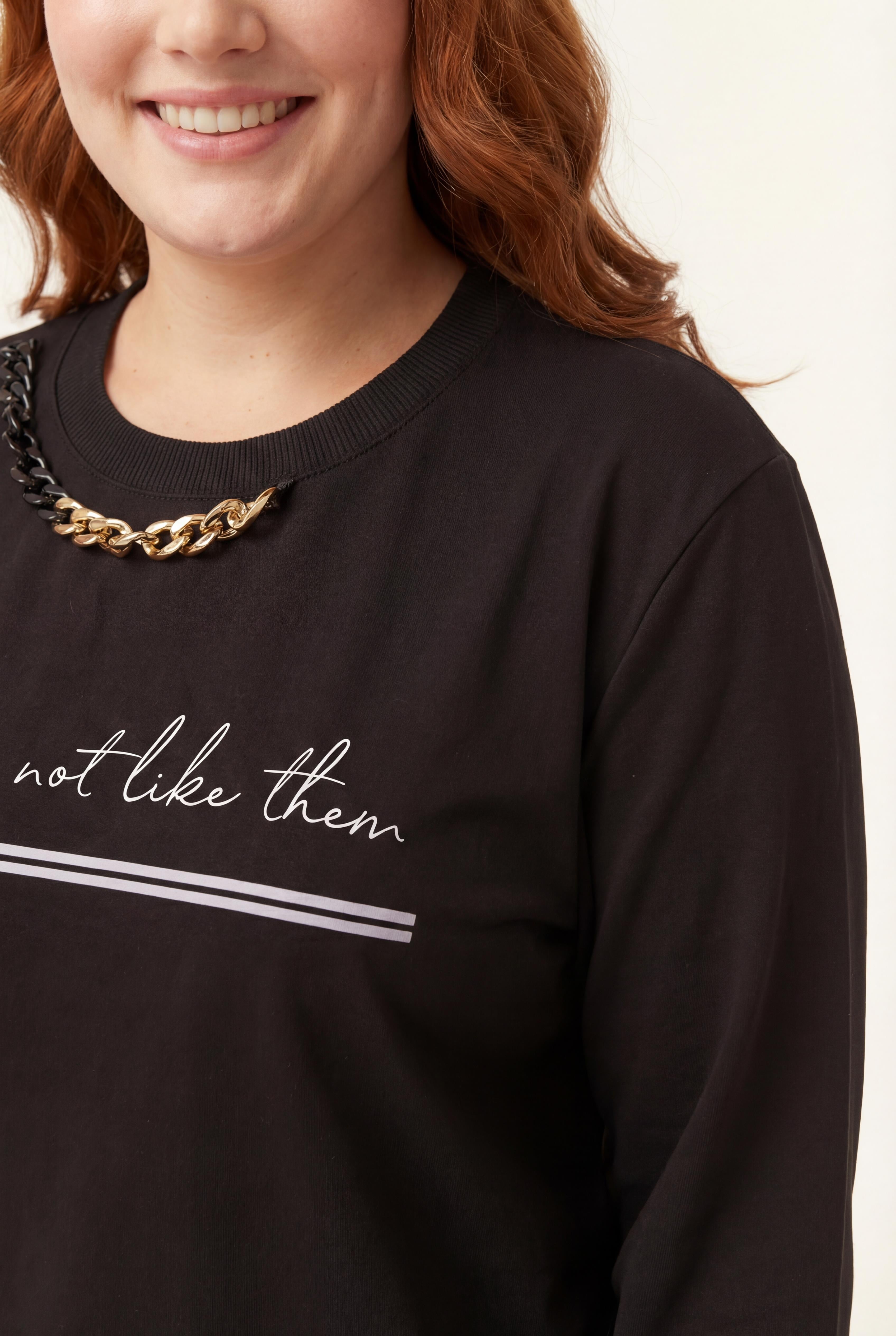 Kadın Büyük Beden Yaka Zincir Detaylı Yazılı Siyah Sweatshirt