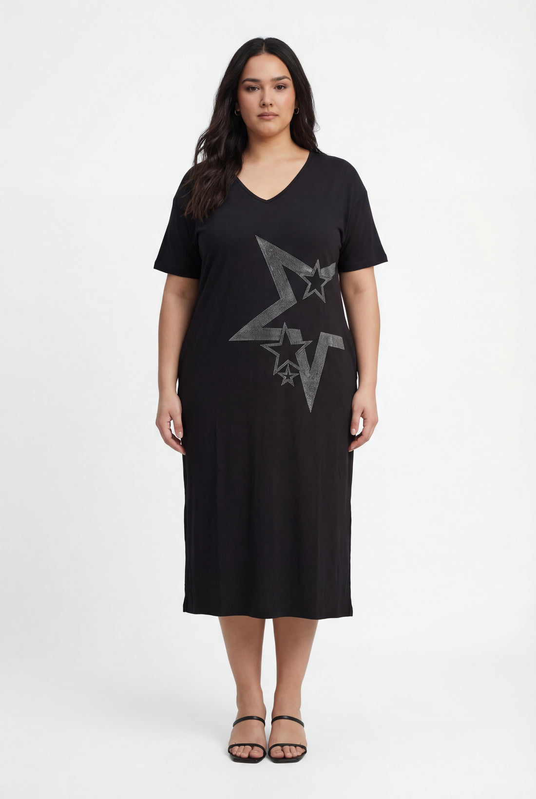 Kadın Büyük Beden Yıldız Taş Baskılı Rahat Kalıp Örme Siyah Elbise